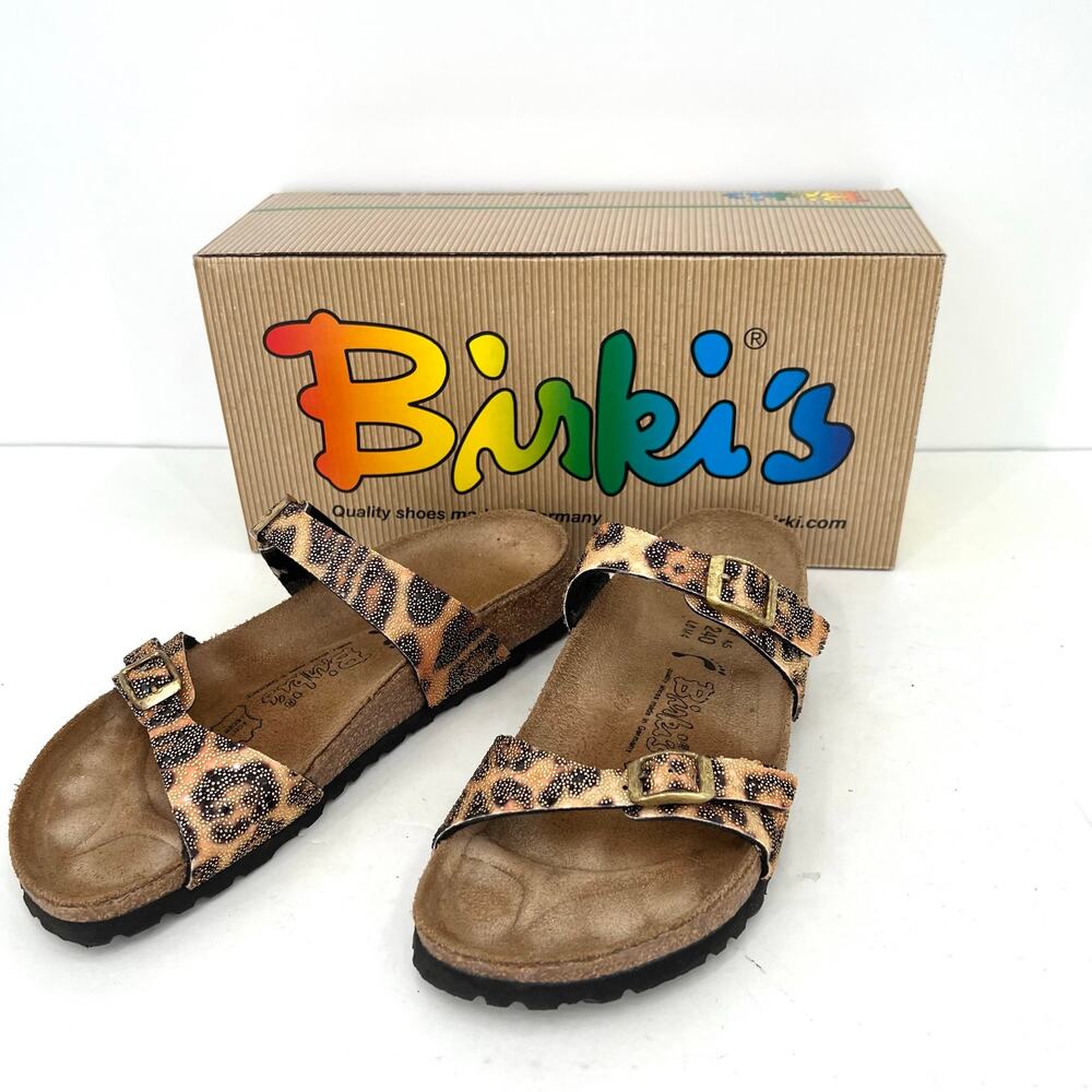 Birki's by Birkenstock Tahiti sandals feature a leopard print glitter finish